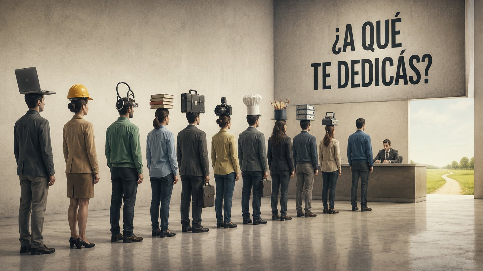 Fila de personas haciendo fila frente a un mostrador. Cada una lleva sobre la cabeza un objeto que representa su profesión. Con el capitalismo, el trabajo pasó de ser un mal necesario a convertirse en el eje central de la vida de la inmensa mayoría de las personas. El “¿a qué te dedicás?” reemplazó al “¿quién sos?”.