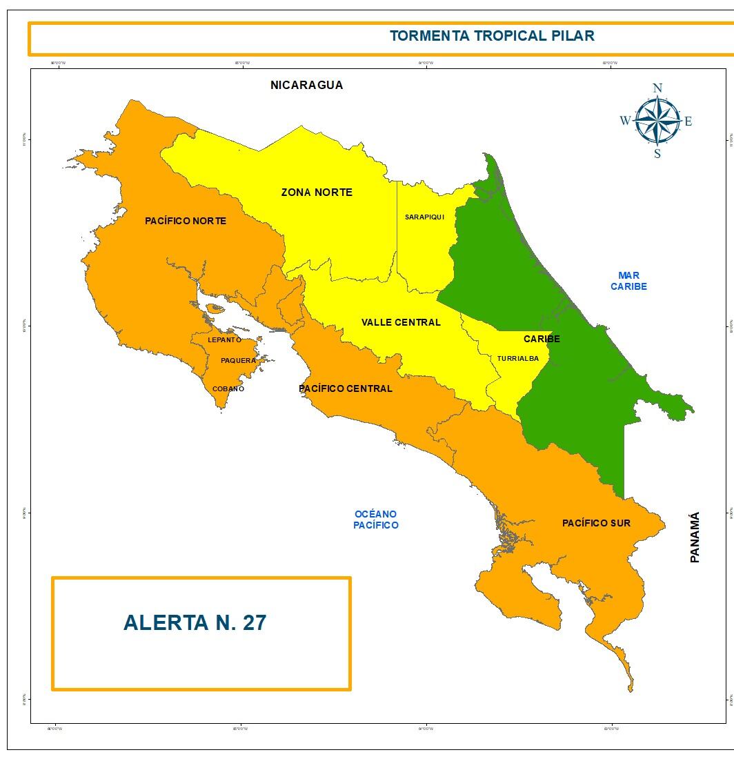 Más de 20 cantones de Guanacaste y Puntarenas quedaron con alerta naranja ante el efecto indirecto que desde este 30 de octubre genera el ciclón Pilar en nuestro territorio. Imagen: CNE.