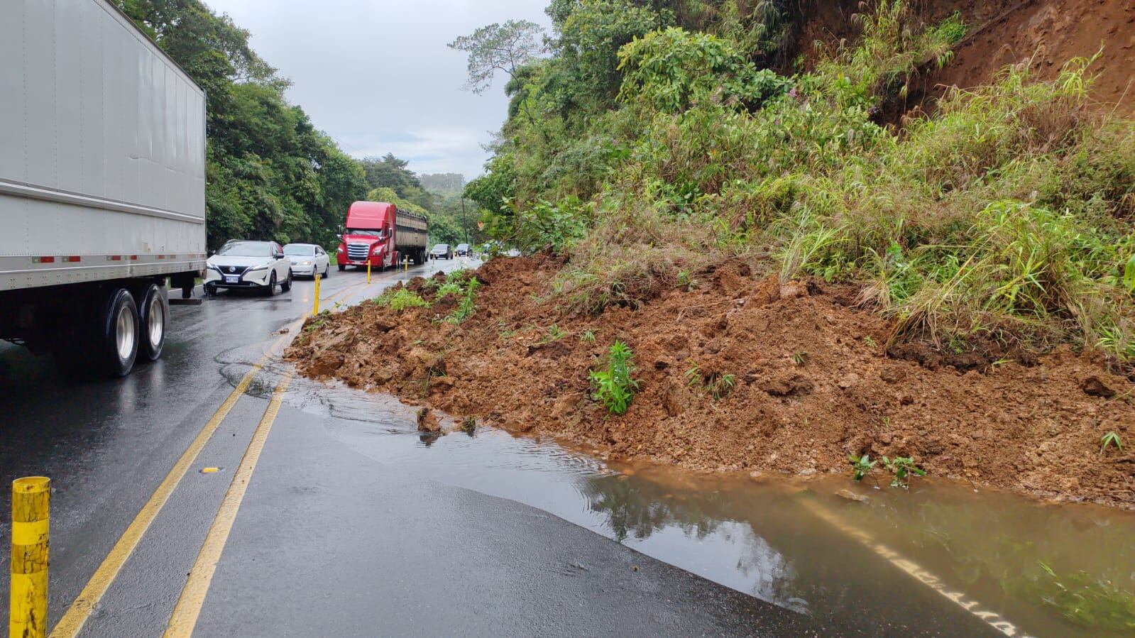 Un carril de la ruta 32 quedó interrumpido por la caída de tierra y vegetación.