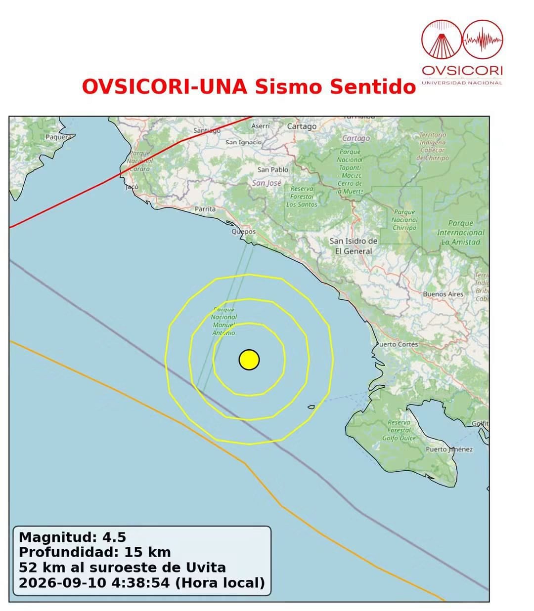 Un sismo de magnitud 4,5 se registró a las 4:38 a. m., 52 km al suroeste de Uvita.
