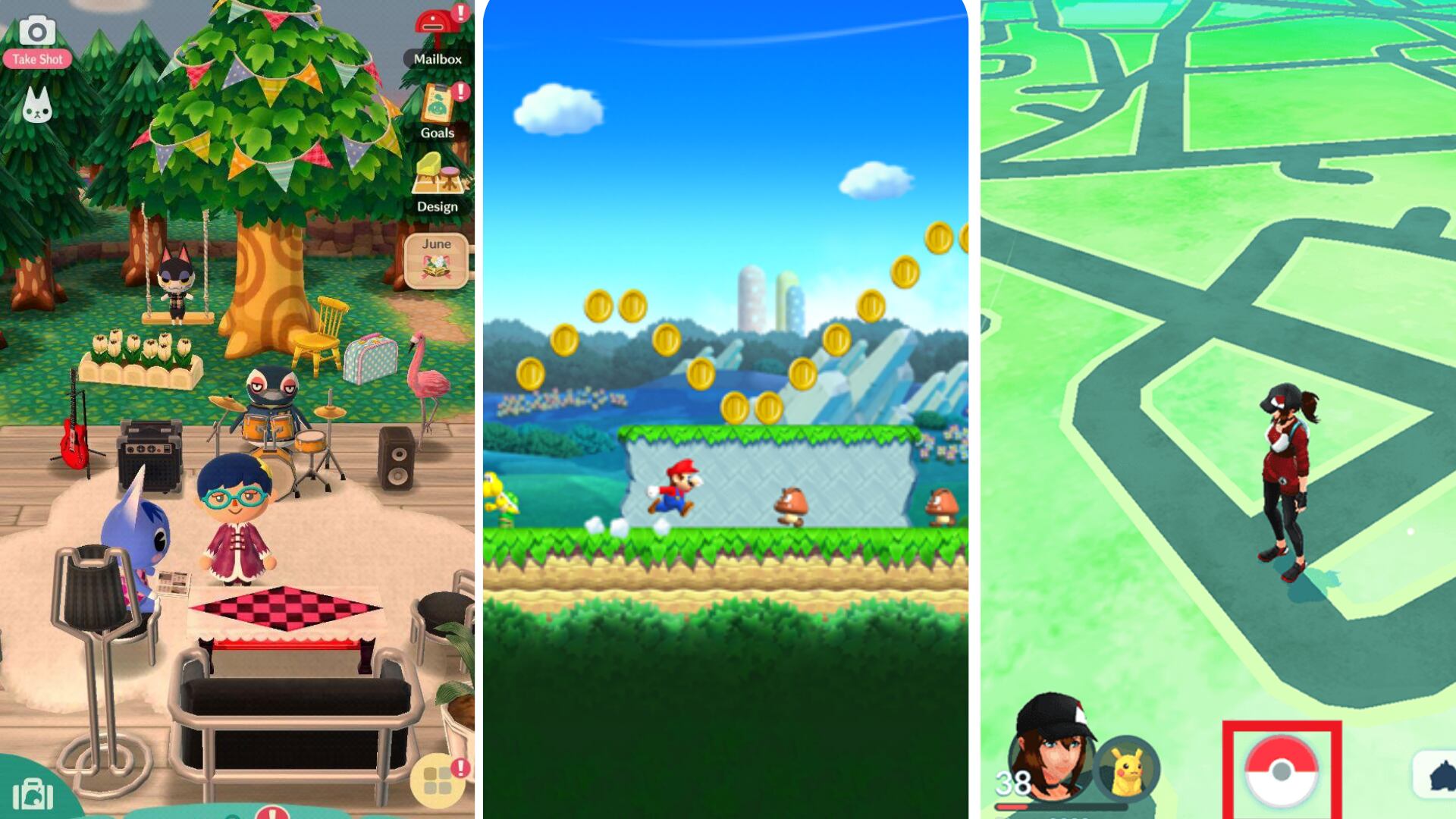 Collage de tres videojuegos móviles de Nintendo: Animal Crossing: Pocket Camp con un campamento decorado; Super Mario Run con Mario recolectando monedas en un nivel de plataformas; y Pokémon GO, mostrando un personaje en el mapa del mundo real.