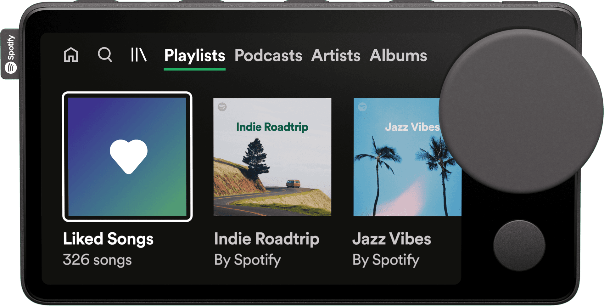 Vista frontal del dispositivo Car Thing de Spotify mostrando la pantalla táctil con listas de reproducción y controles físicos al lado derecho.