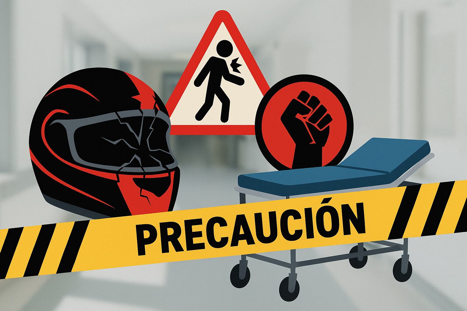 Una imagen ilustrativa con el casco de una motocicleta, una camilla, una cinta de precaución.