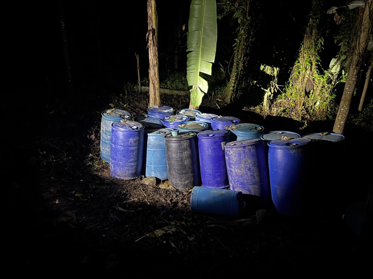 El OIJ y la Fuerza Pública decomisaron 58 estañones con combustible robado en Batán, Limón.