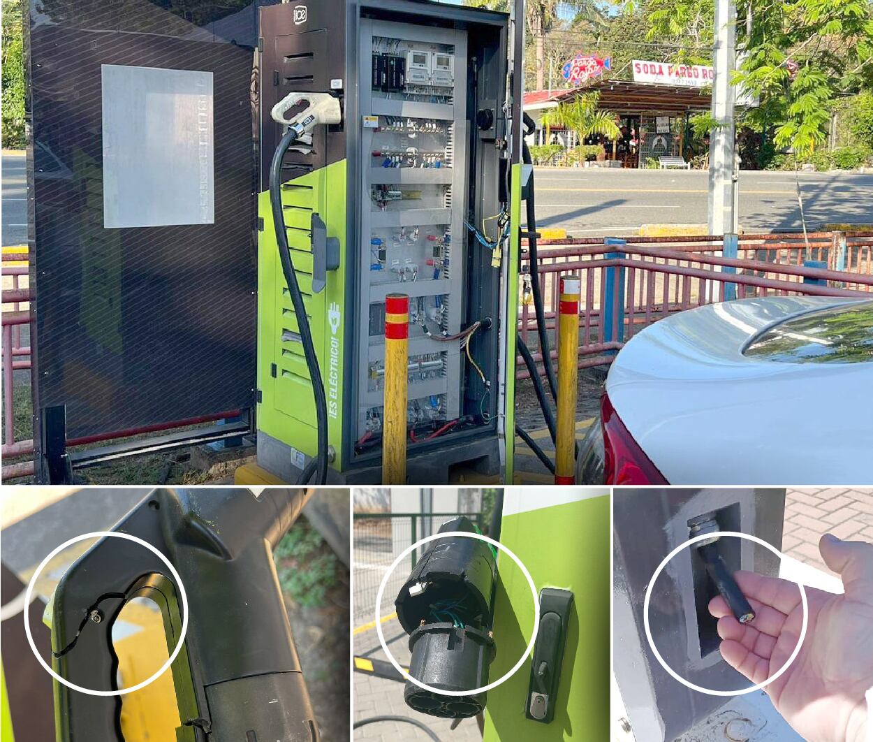 Esta composición gráfica muestra daños en puntos de recarga rápida del ICE divulgados por esa empresa en sus redes sociales este mes de marzo para alertar a los usuarios. Corresponden a cargadores en Puntarenas y Guanacaste. Fotografía: Grupo ICE.