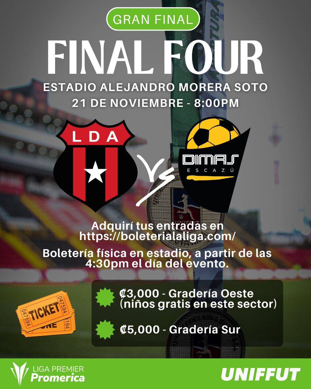 Este es el precio de las entradas para la final del fútbol femenino entre Liga Deportiva Alajuelense y Dimas Escazú.