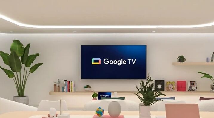 Sala moderna con una pantalla plana mostrando el logotipo de Google TV. La imagen destaca los adelantos tecnológicos presentados en CES 2025 por Google, como el uso de Gemini para una interacción más natural y control de dispositivos conectados.