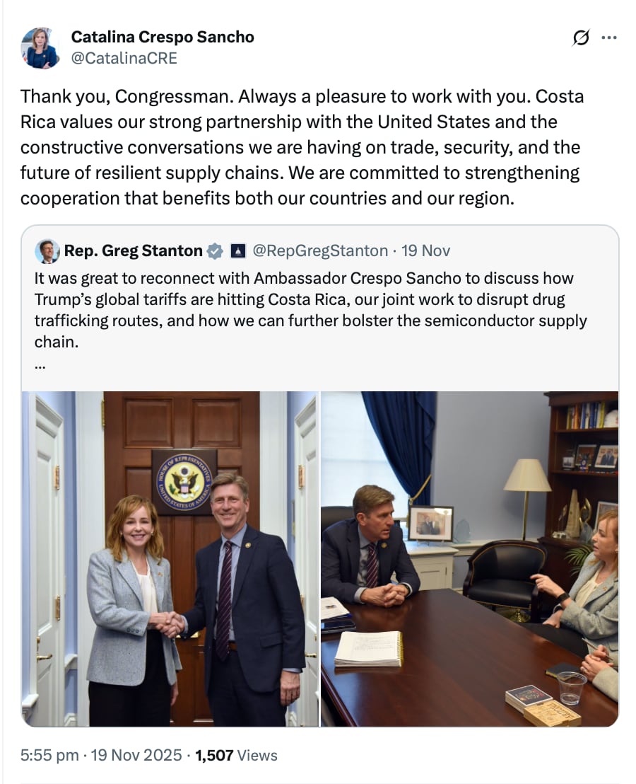 Captura de pantalla de la publicación en X de la embajadora Catalina Crespo en la cual se detalla la reunión sostenida con el congresista Greg Stanton de Arizona.