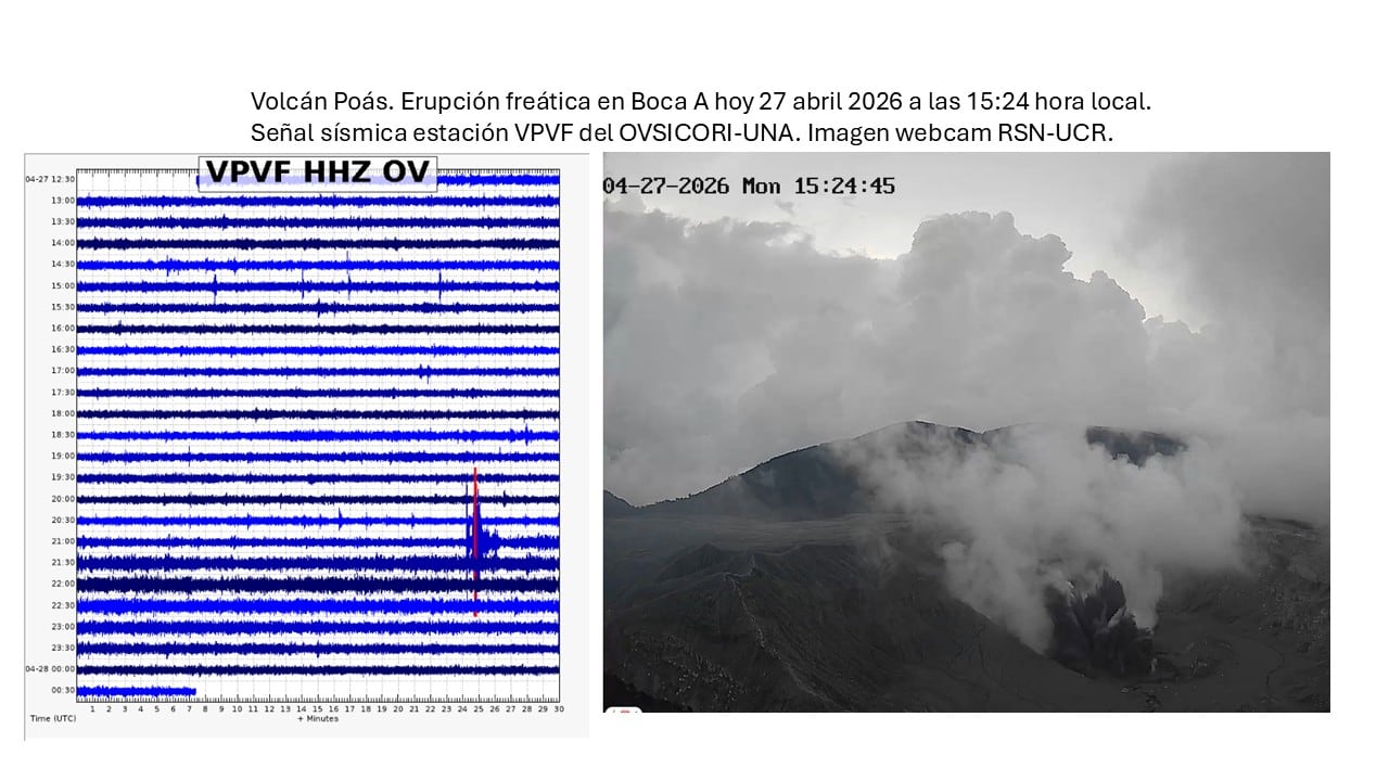 Erupción del volcán Poás registrada la madrugada de este martes 28 de abril.
