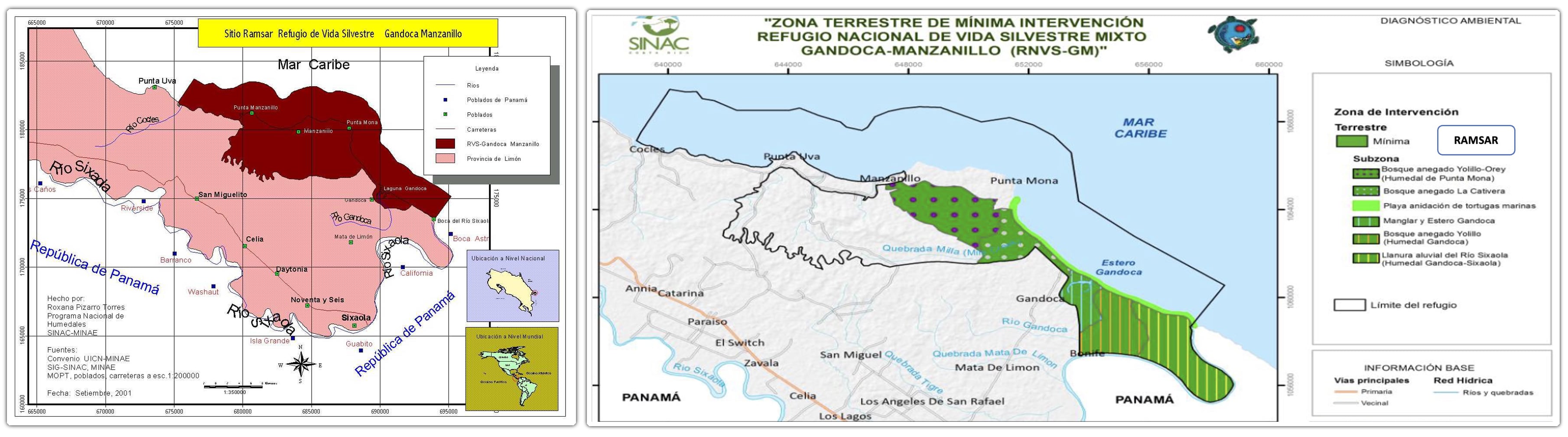 A la izquierda, el mapa oficial de Ramsar donde se observa que la zona en tono oscuro es más amplia en el trazado de los límites del Refugio Gandoca-Manzanillo. A la derecha, el montaje mostrado en agosto de 2024 por el Minae a los diputados, donde se aprecian diferencias en el área que delimita el Refugio. Fotografía: