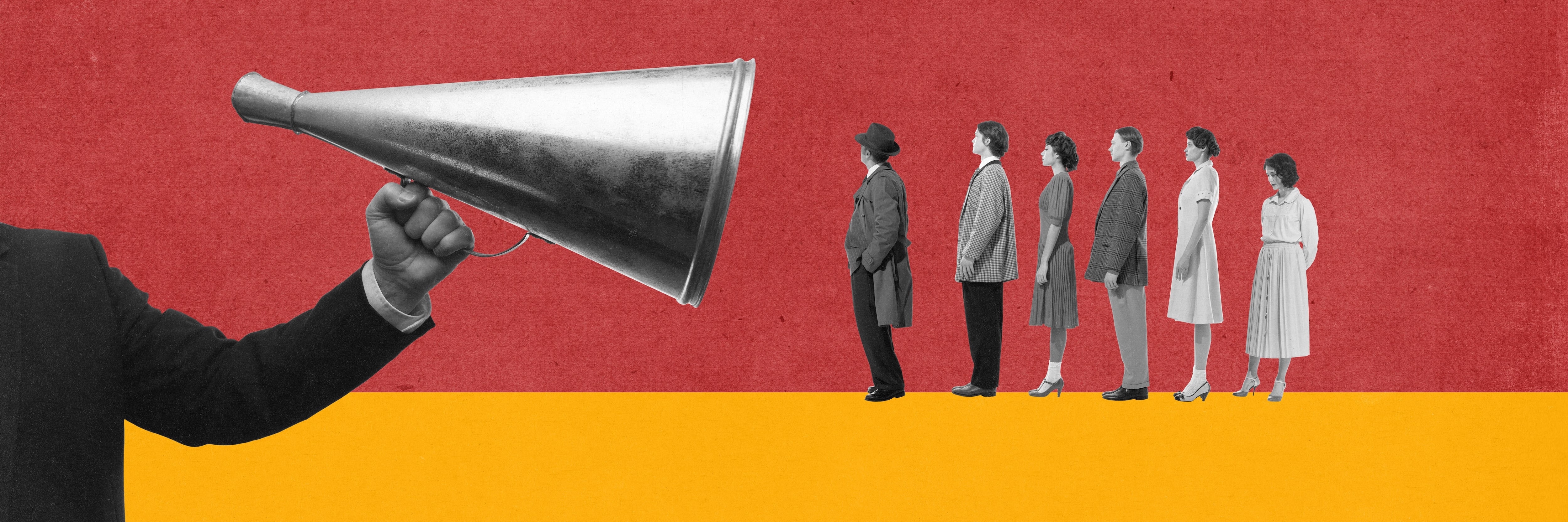 mensajes de manipulación y enajenación, datos contra falsedades, creer mentiras, megáfono de metal de mayor tamaño que personas