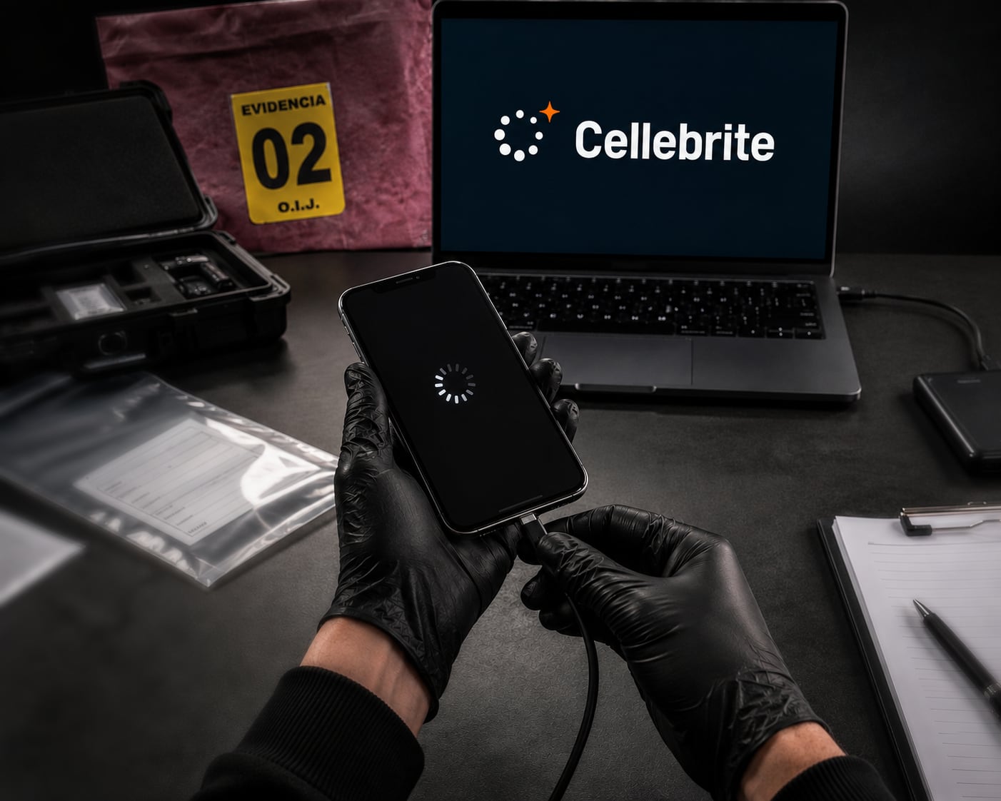 Personal del OIJ puede manipular un teléfono celular en una estación de trabajo forense equipada con el software Cellebrite Inseyets Offline, utilizado para la extracción y análisis de información de dispositivos incautados (imagen con fines ilustrativos).