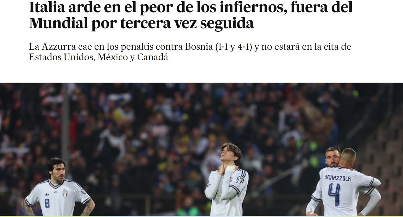 El País de España titula con contundencia el fracaso italiano.