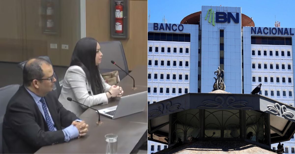 en la imagen, la secretaria y la fachada del banco nacional