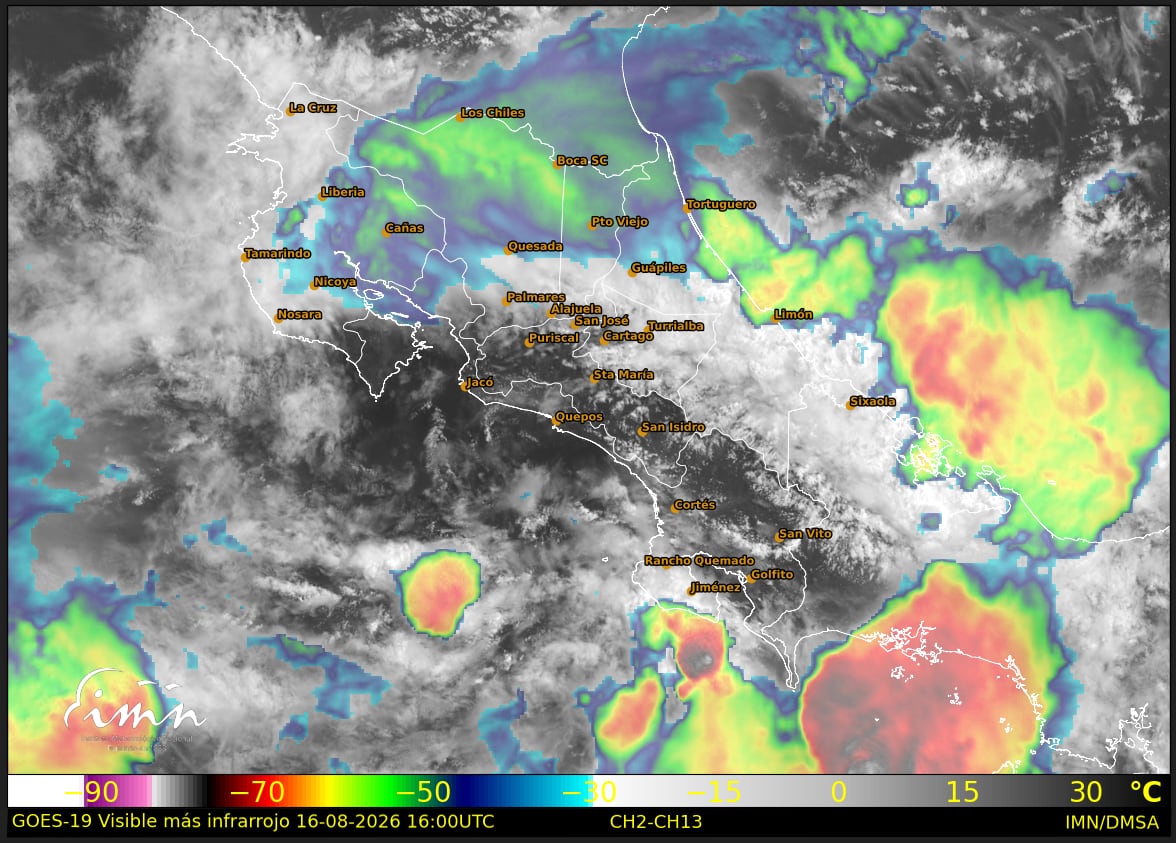 Imagen satelital de las 10 a. m. de este domingo 16 de agosto muestra nubosidad sobre sectores del norte y Caribe de Costa Rica. El IMN informó que condiciones inestables se mantendrán durante el día.