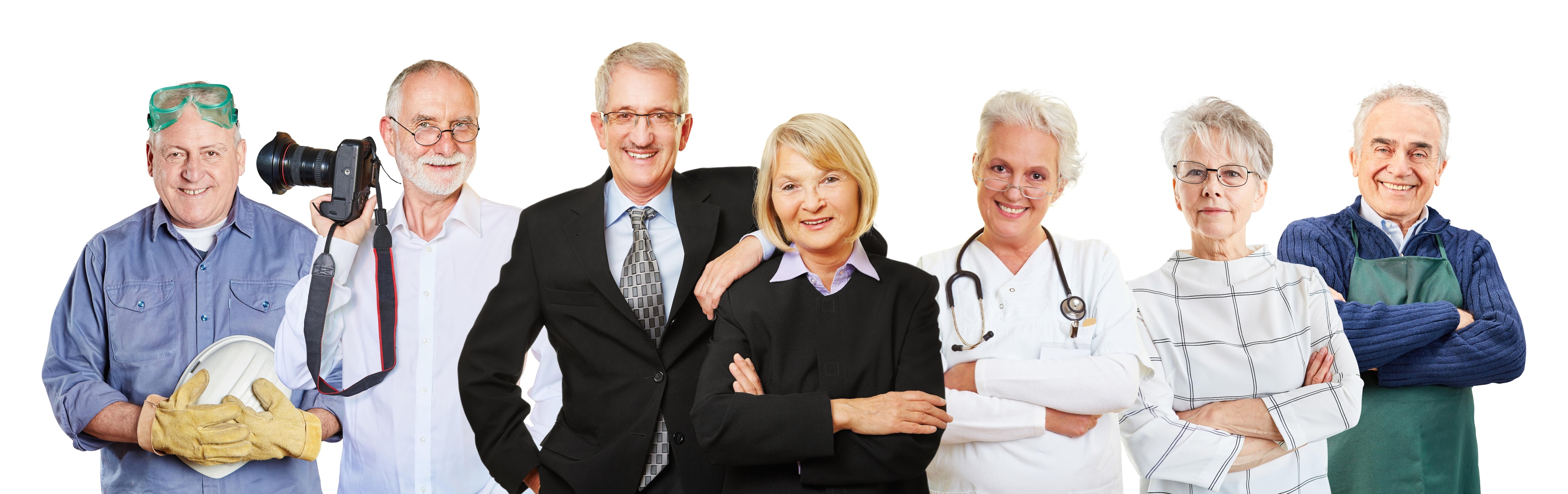 Retrato de grupo de adultos mayores activos, que aún ejercen su profesión u oficio a pesar de la edad y las canas