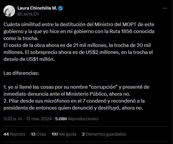 Laura Chinchilla, expresidenta de la República, comparó el caso de la Trocha, con la contratación de este gobierno para las mejoras en el aeropuerto de Liberia