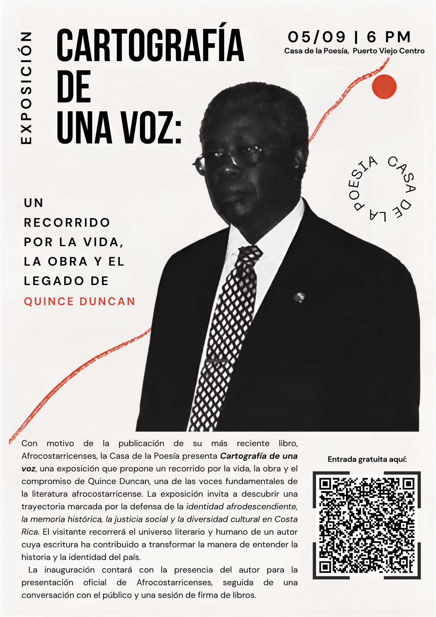 Afiche de la exposición dedicada a Quince Duncan en Puerto Viejo, 'Cartografía de una voz'.