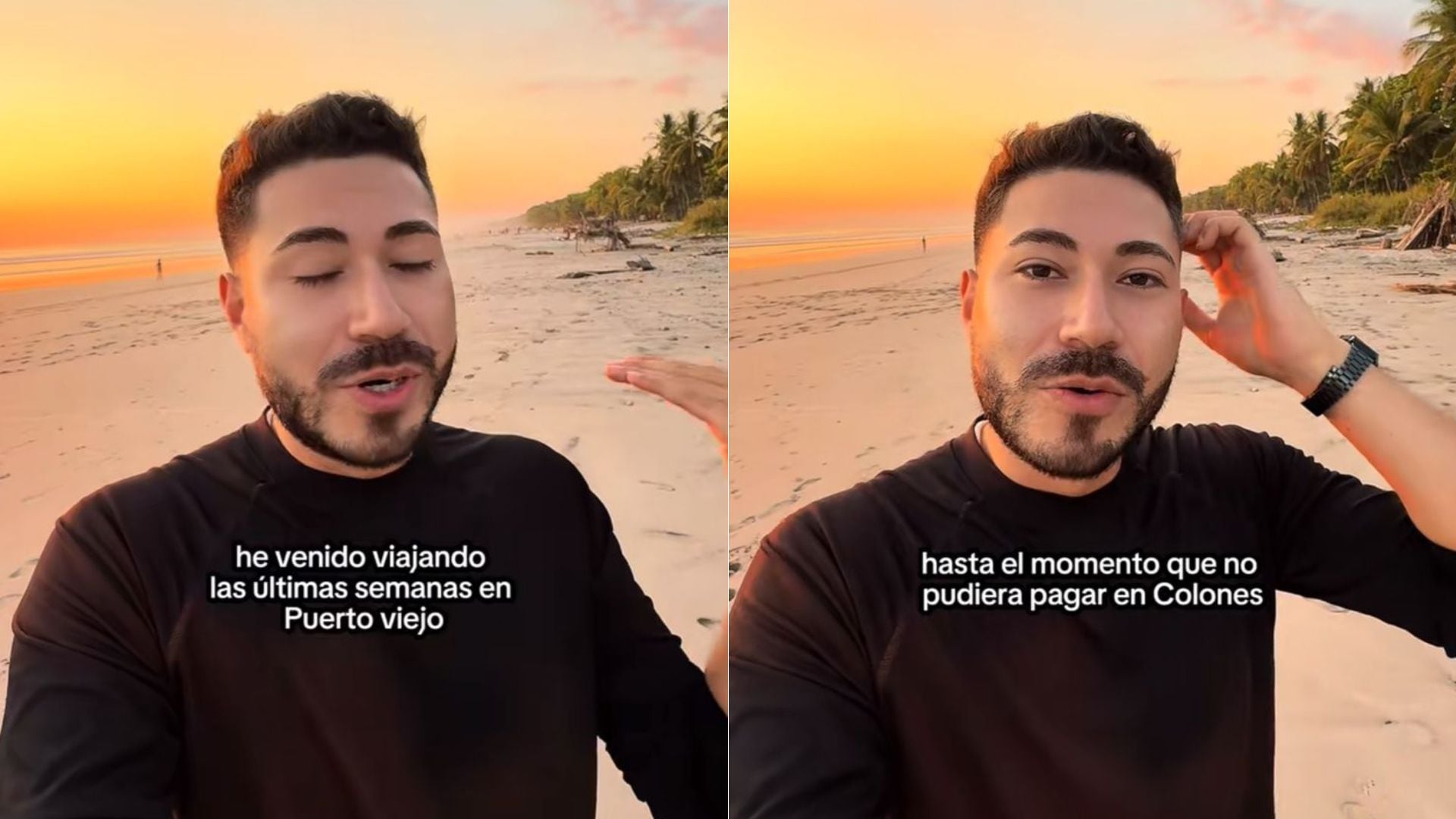 El creador de contenido Danny Loo grabando uno de sus tiktoks, en la playa de Santa Teresa, Guanacaste, durante el atardecer.