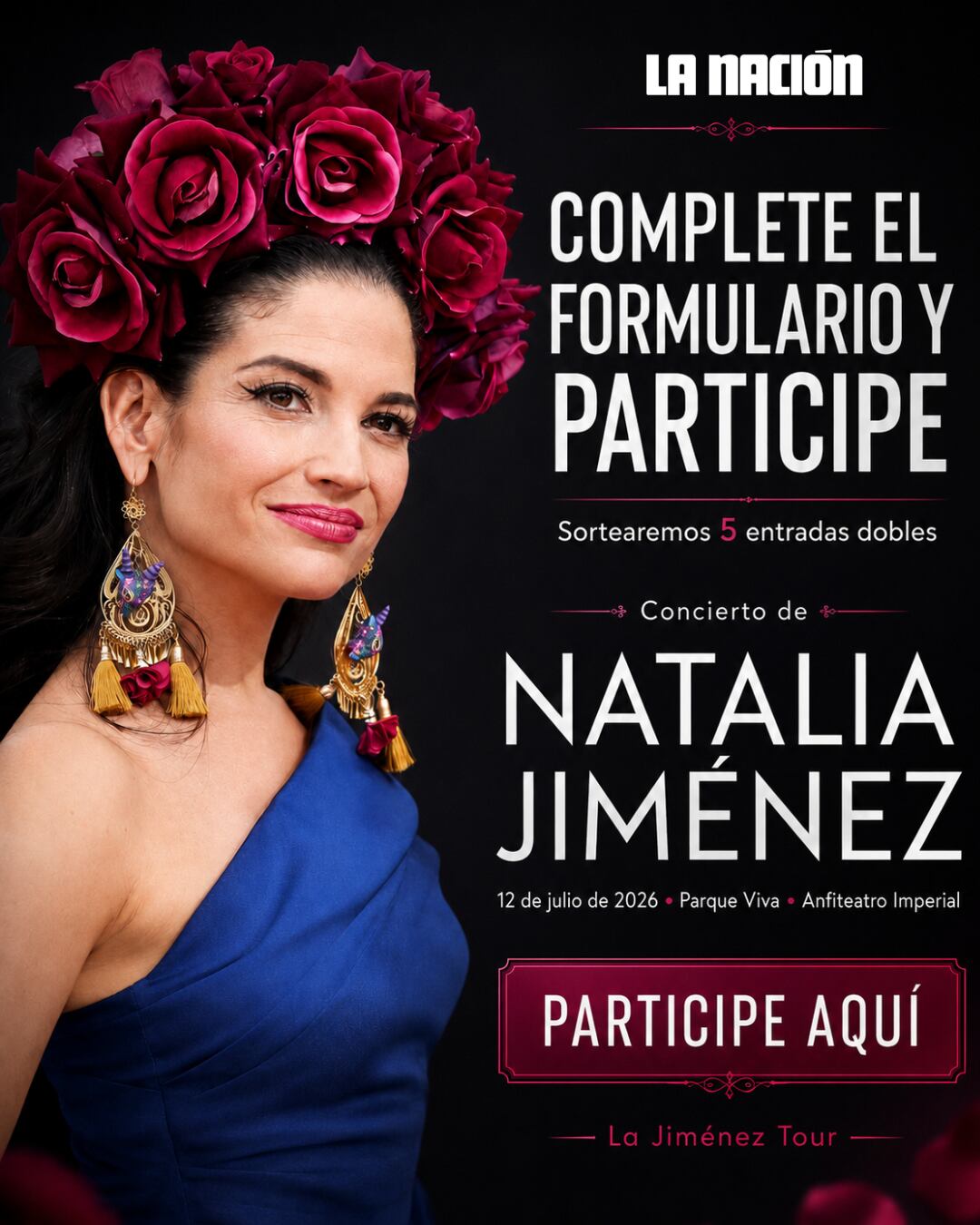 Natalia Jiménez regresa a Costa Rica con un concierto en Parque Viva. La Nación sorteará cinco entradas dobles entre quienes completen el formulario de participación.