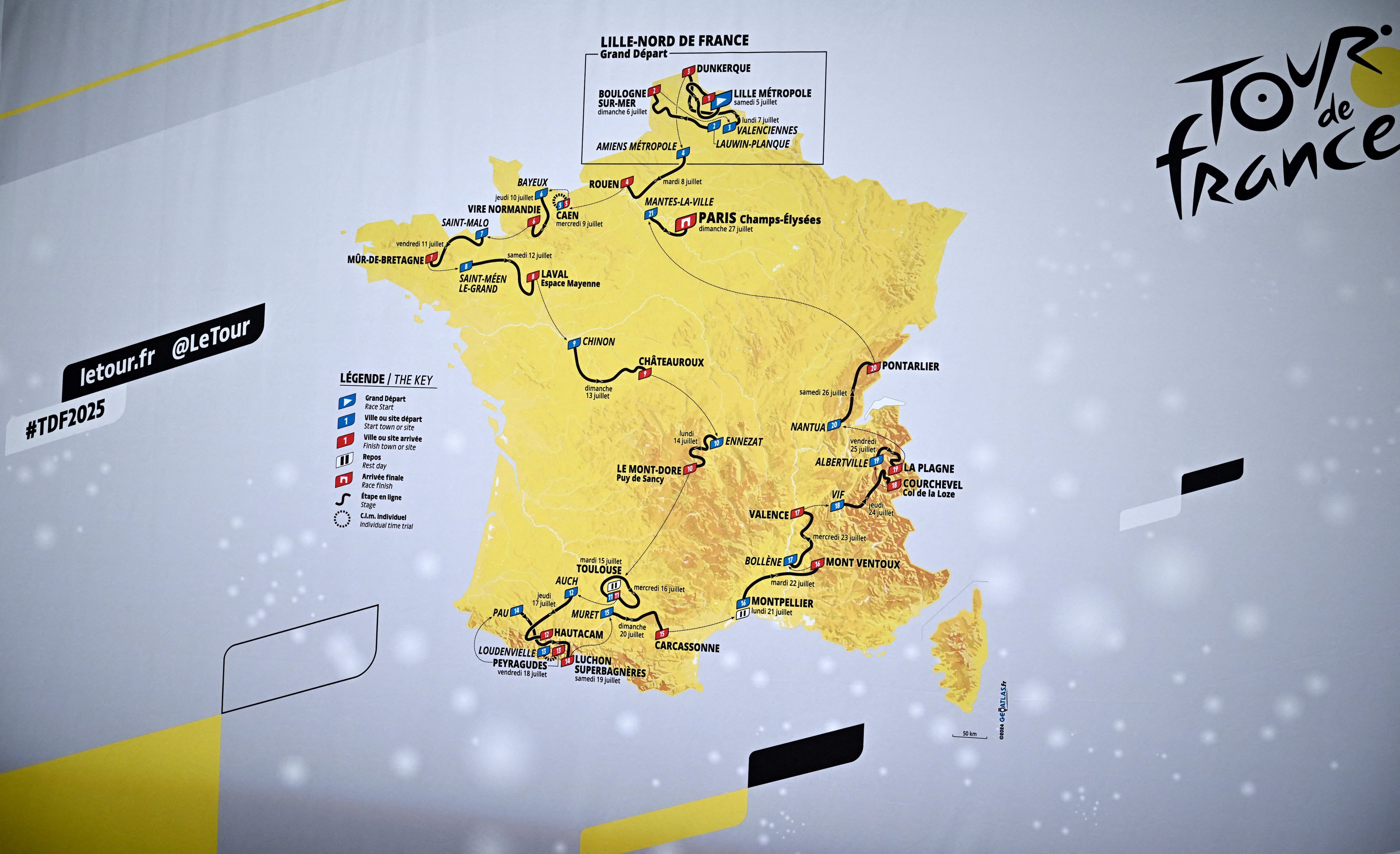 Este mapa oficial del Tour de Francia muestra los puntos por donde pasará la edición del 2025.