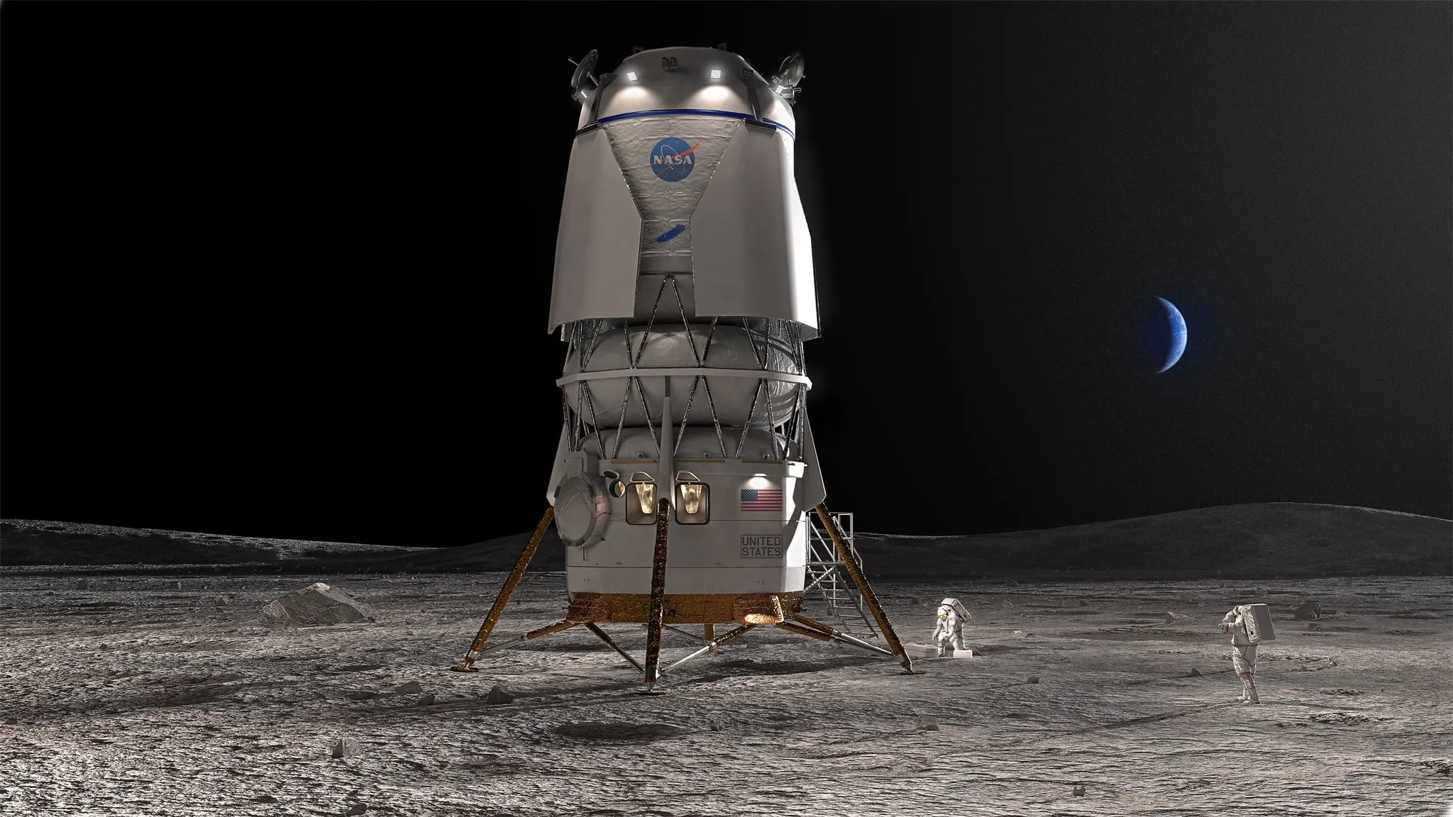 Ilustración del módulo de alunizaje Blue Moon, desarrollado por Blue Origin para futuras misiones del programa Artemis de la NASA.
