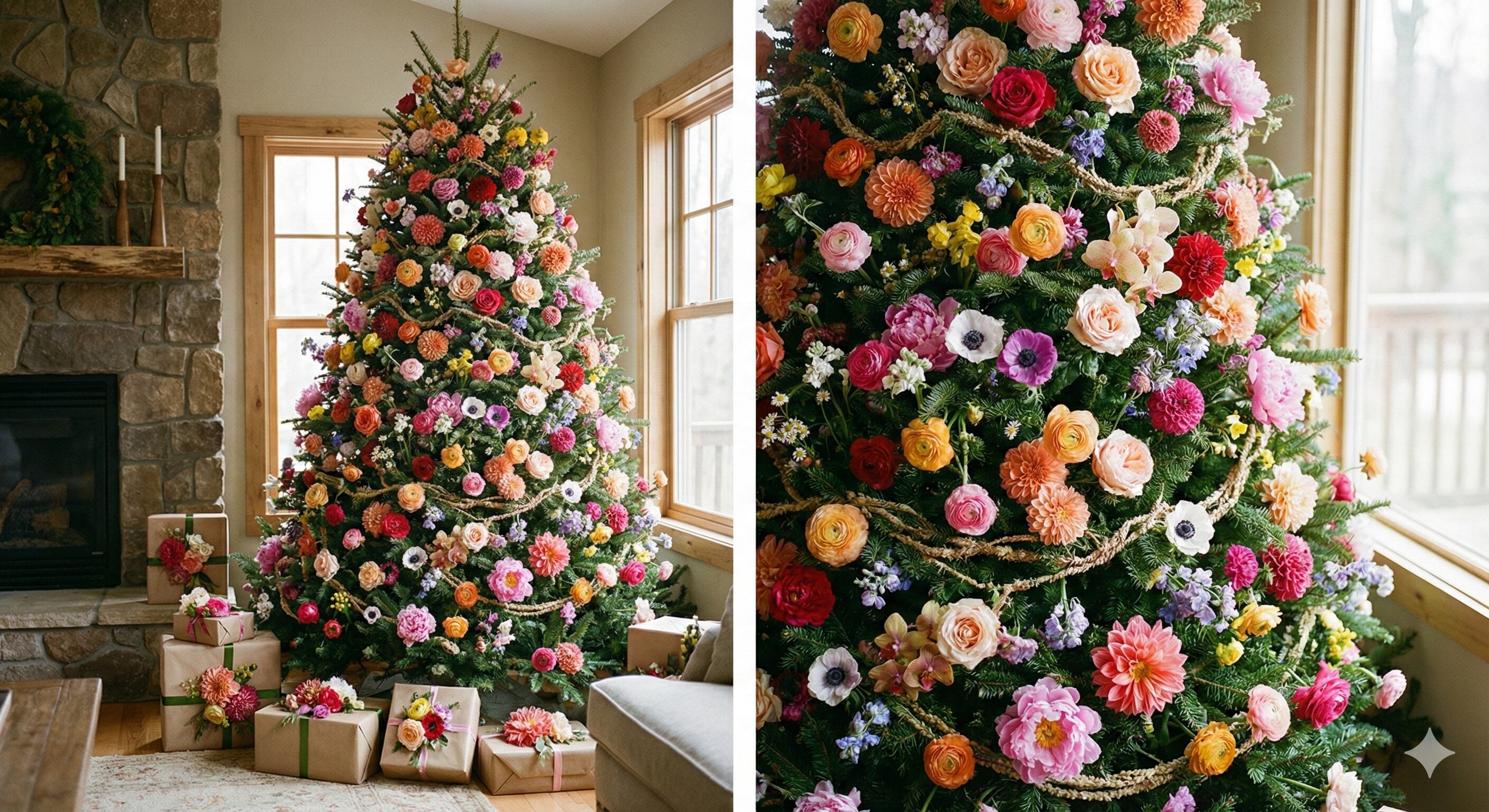 Decorar el árbol con flores de Nochebuena aporta un estilo orgánico, colorido y natural que reemplaza las tradicionales esferas navideñas.