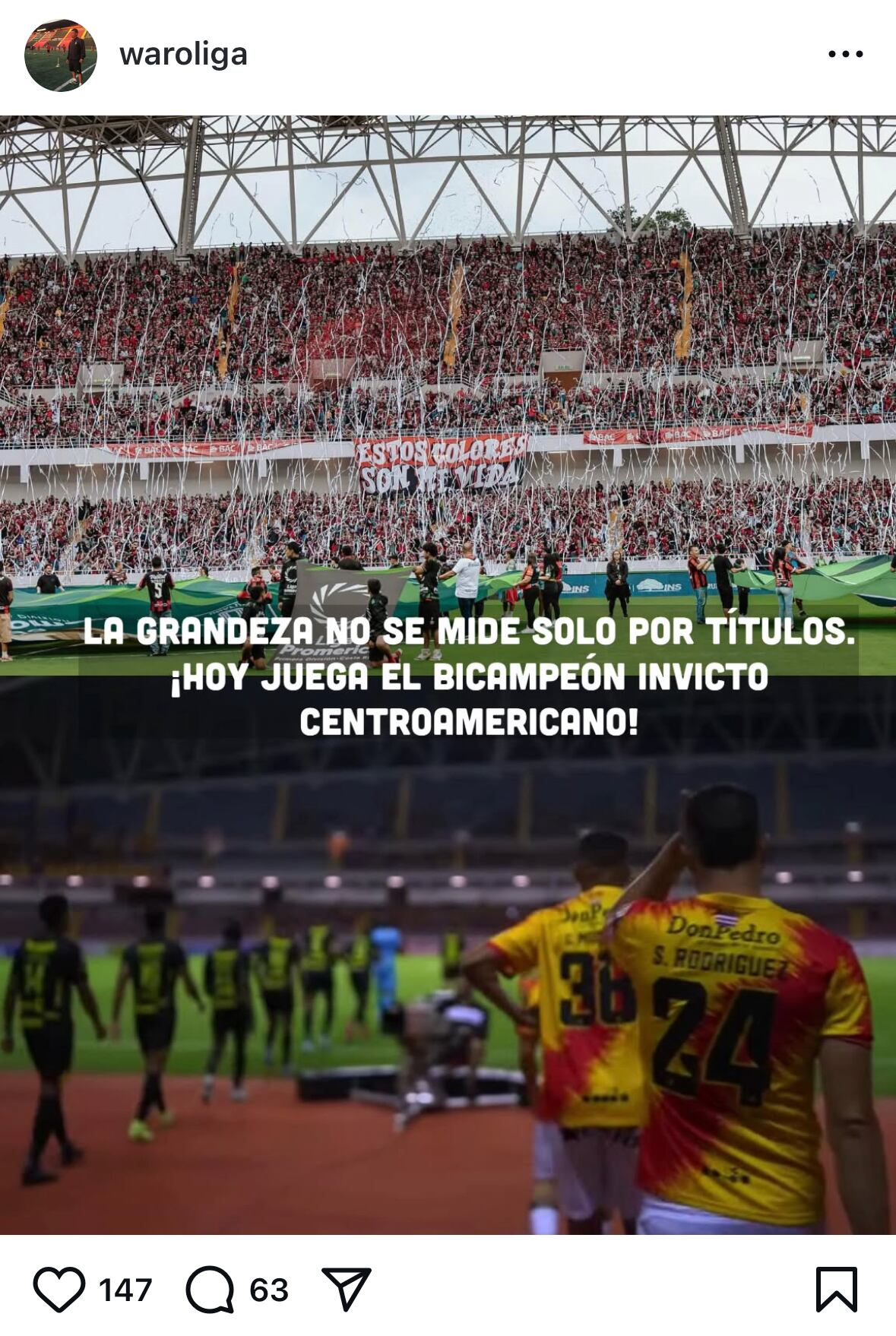 Esta es la publicación de Wálter Rodríguez comparando las respuestas de las aficiones de Liga Deportiva Alajuelense y Herediano.
