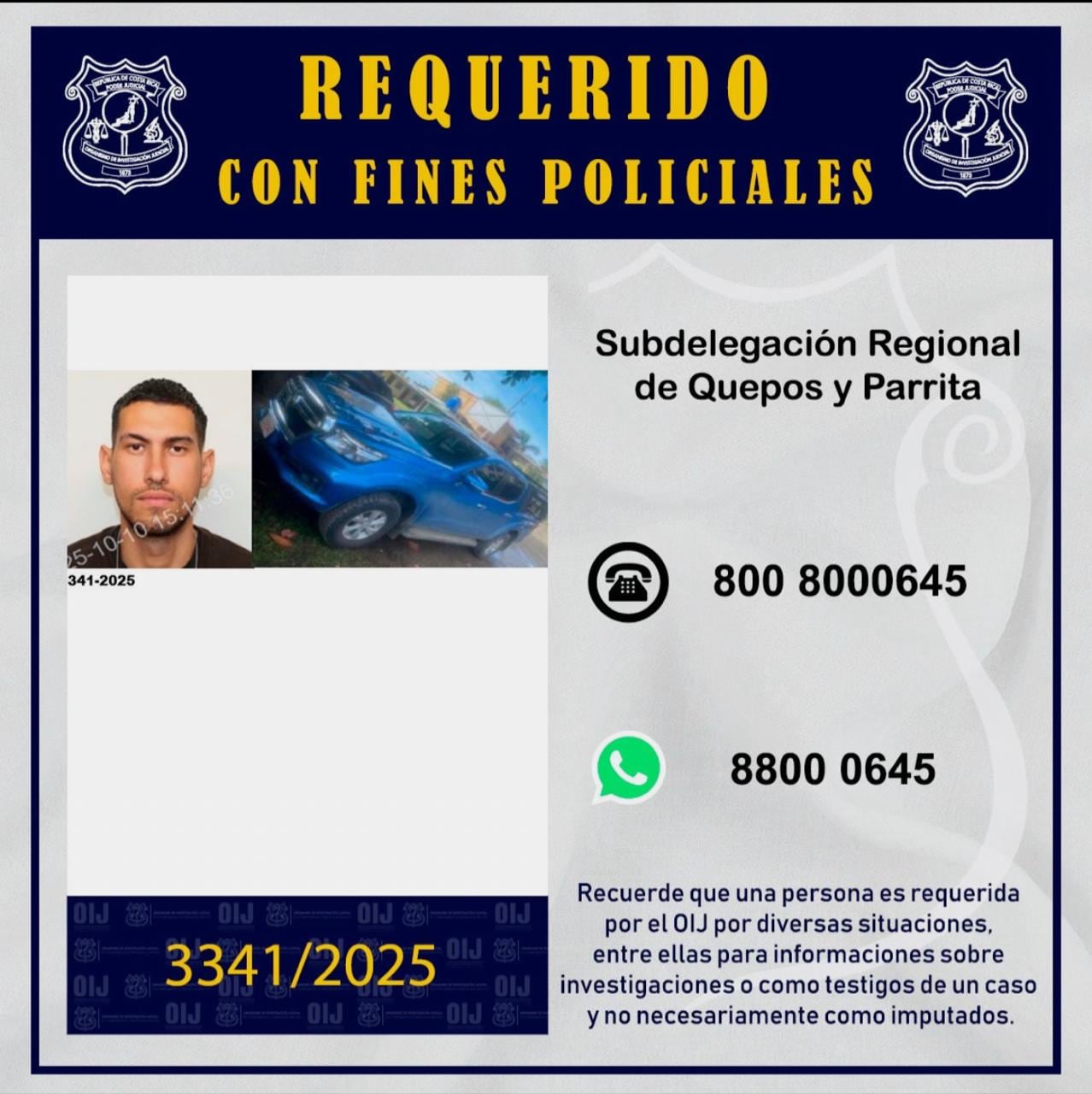 Bryan López Villalobos, alias Vampi, es buscado por el asesinato de una pareja de europeos en Quepos.