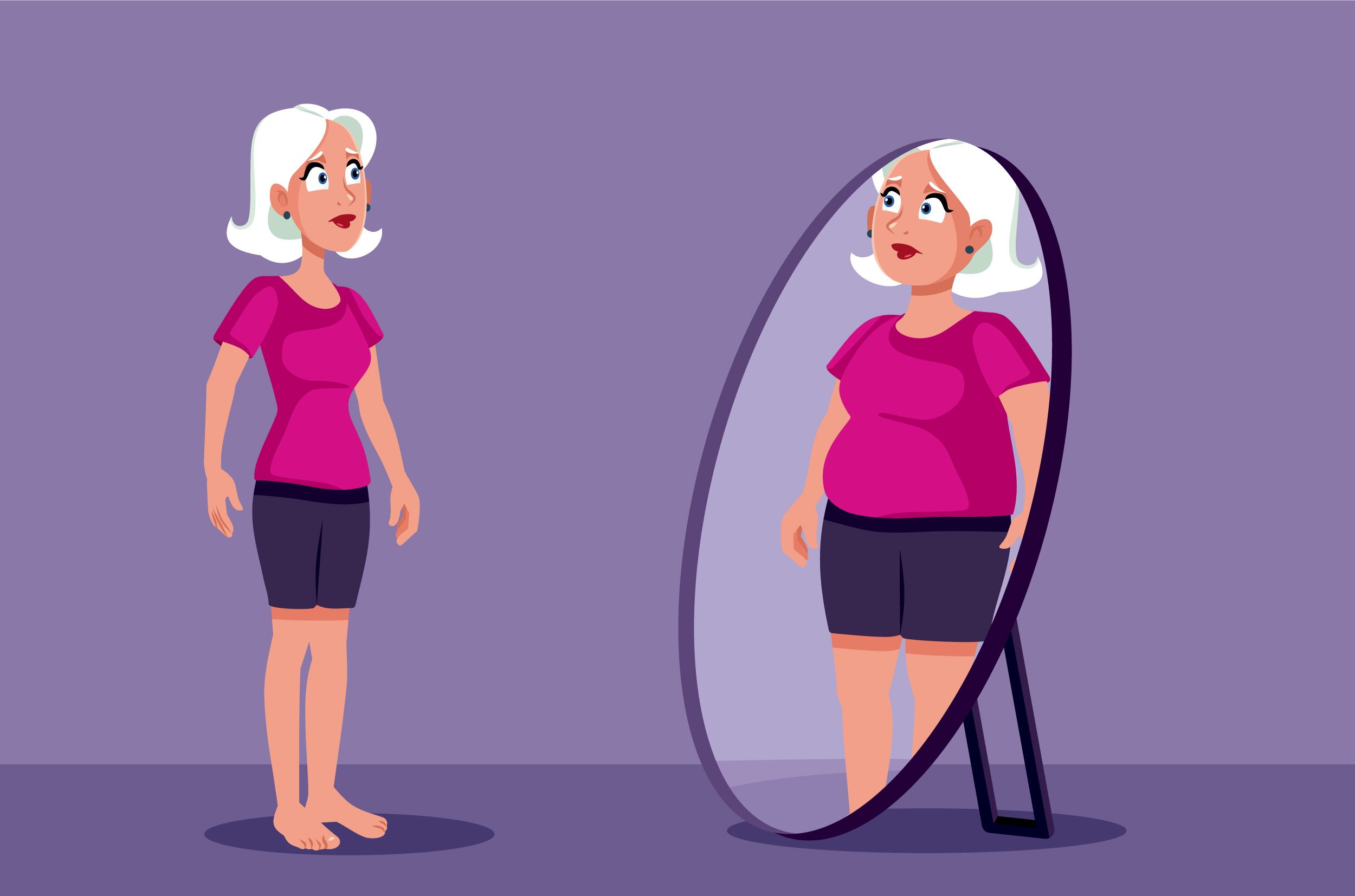 Una ilustración de una mujer delgada que se ve al espejo y su imagen es más gorda.