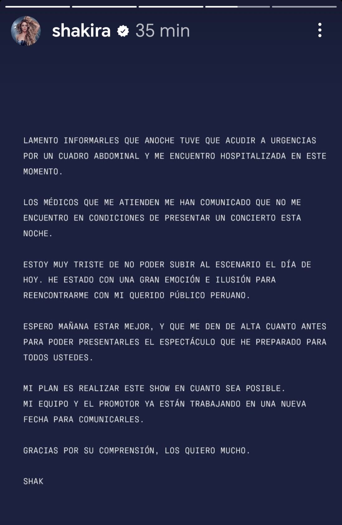 Shakira confirma que está hospitalizada y tuvo que suspender concierto en Lima, Perú.