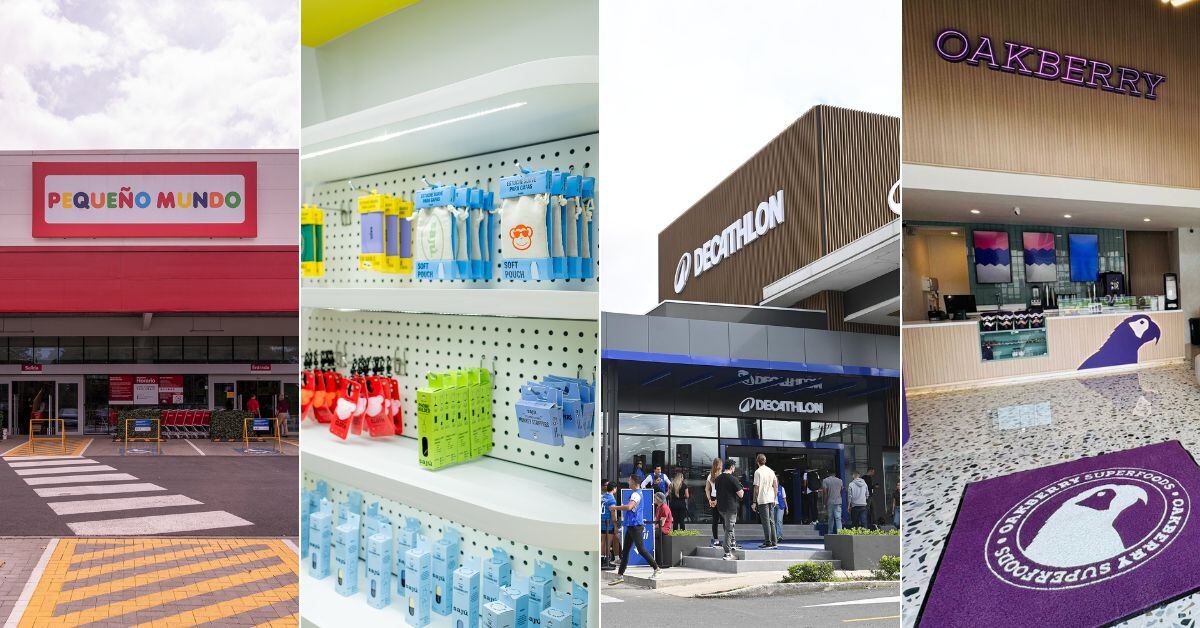 Composición de cuatro imágenes que muestran a Pequeño Mundo, Sajú, Decathlon y Oakberry, destacando sus nuevas tiendas en Costa Rica.