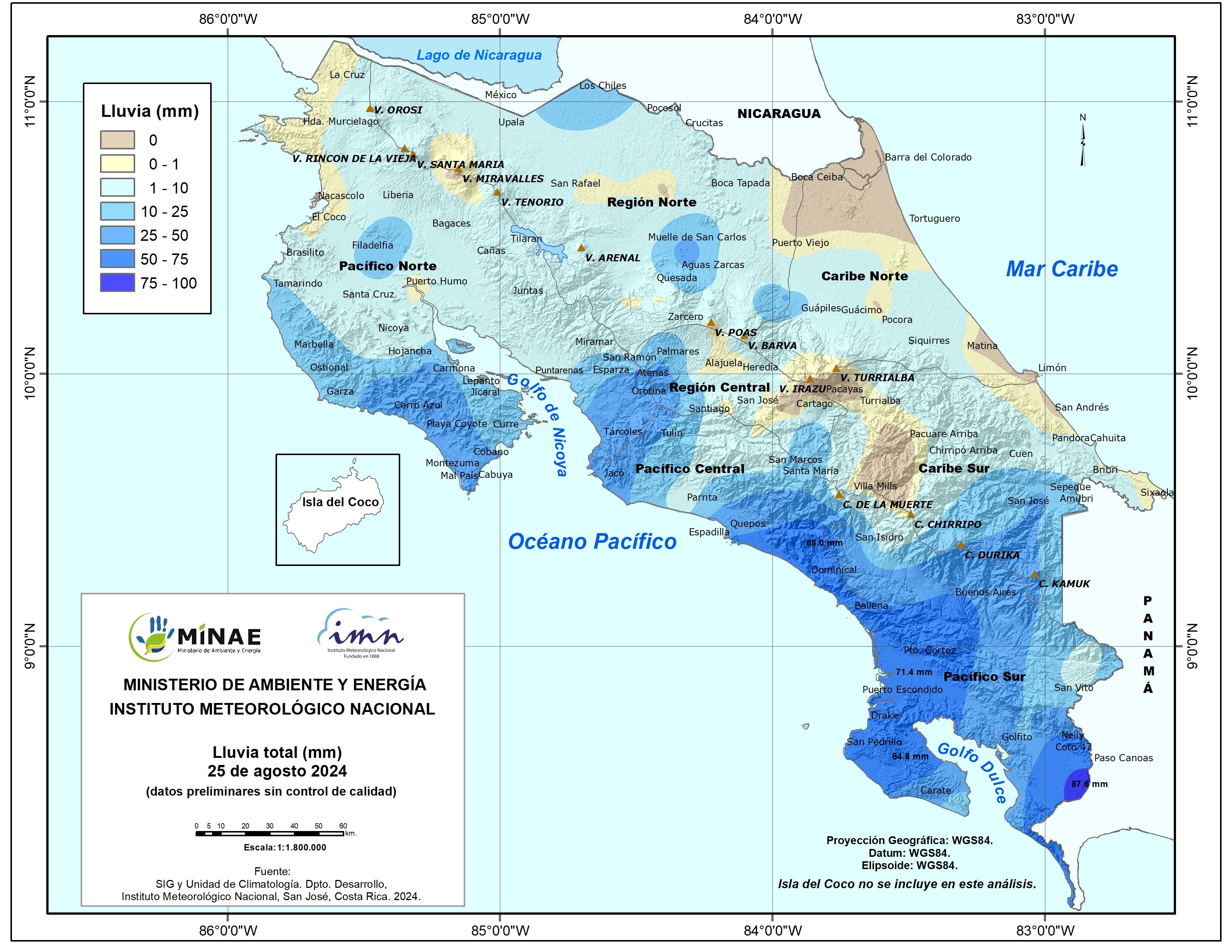 Aunque las precipitaciones más fuertes del domingo cayeron en la frontera con Panamá y Golfito, la mayoría de inundaciones fueron en la Península de Nicoya. Imagen: IMN.