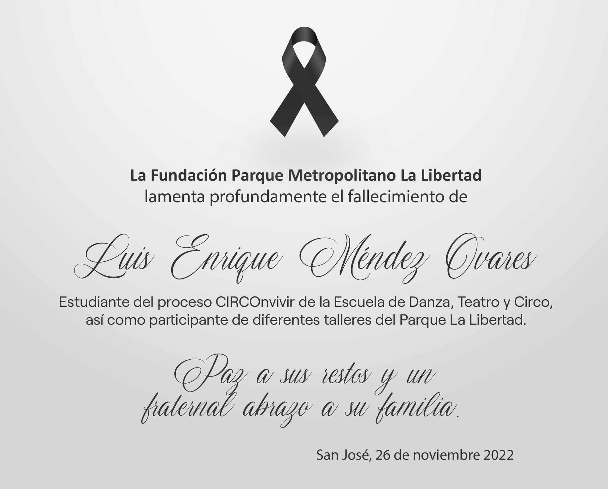 Al igual que el Colegio de Gravilias, la Fundación Parque Metropolitano La Libertad. lamentó el deceso del joven, quien era amante de las artes. Imagen: Facebook