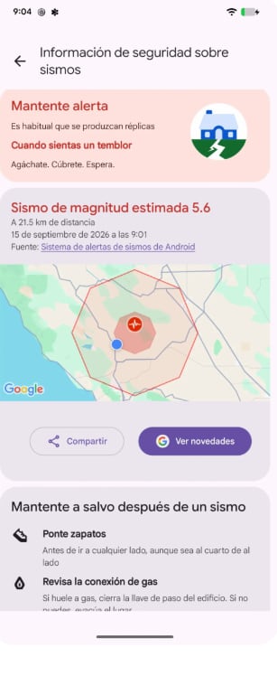 El mapa del sistema de alertas sísmicas de Google muestra la ubicación aproximada del terremoto, su magnitud estimada y las zonas donde podría sentirse el movimiento.