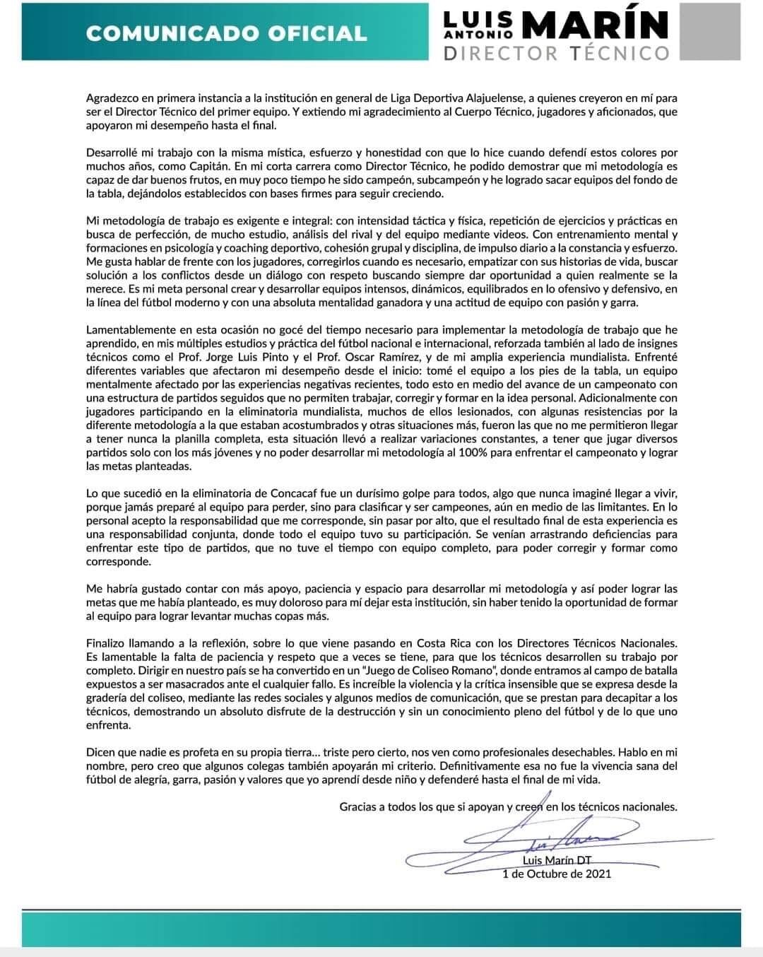 Esta es la carta que escribió Marín en sus redes sociales. Facebook.