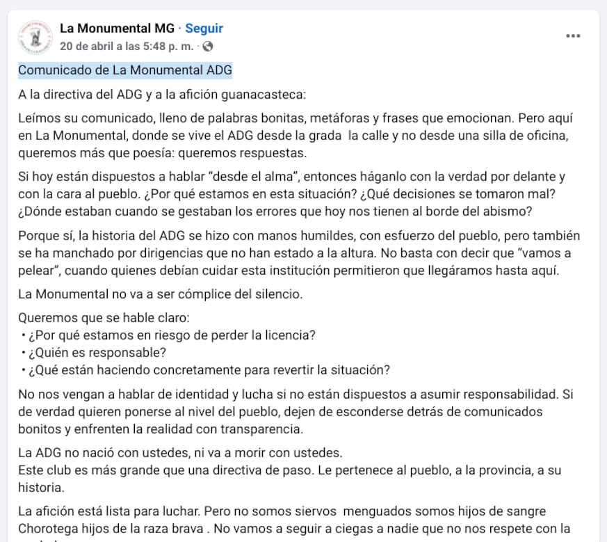 Este es el comunicado que hizo La Monumental, barra de la ADG.