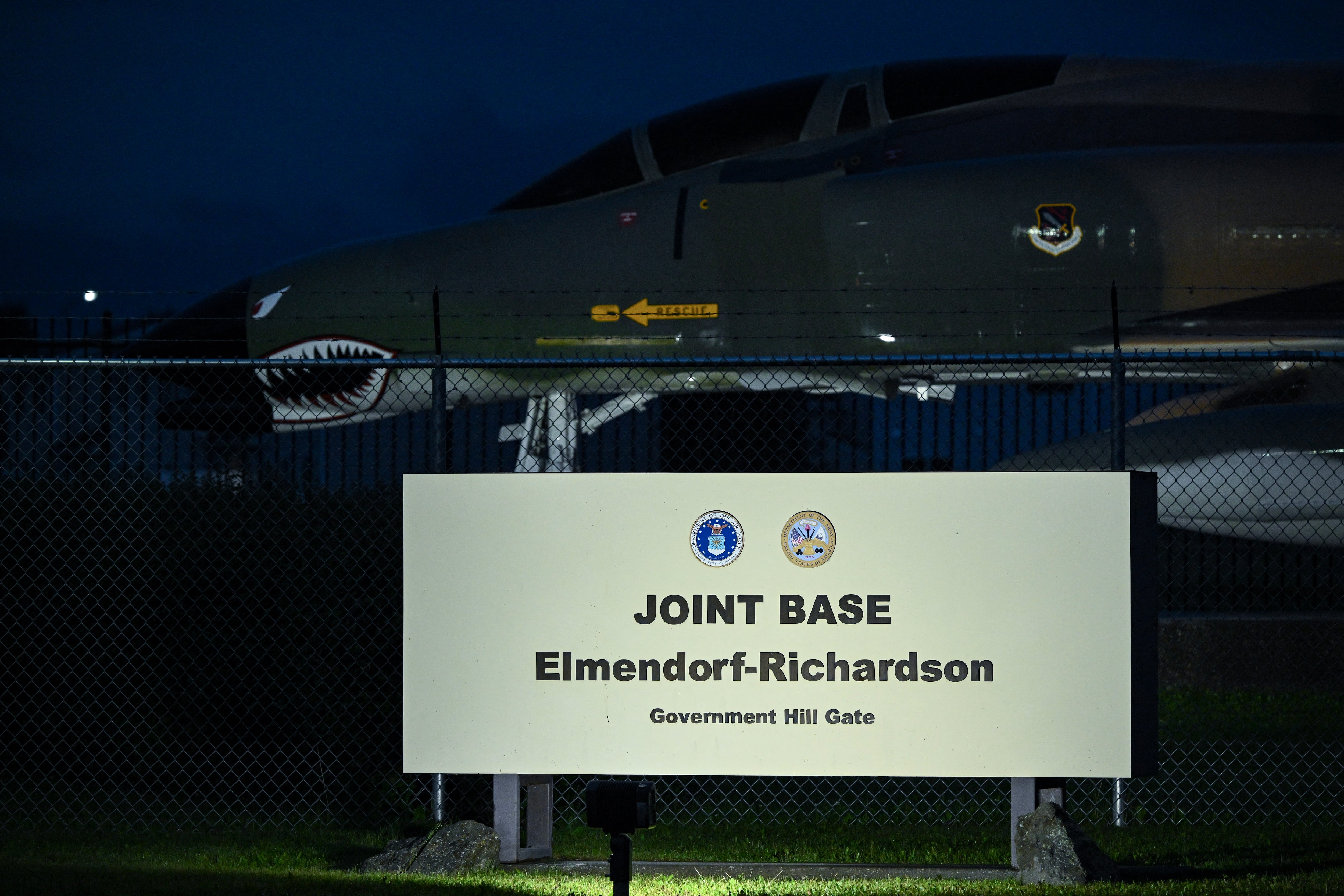 A view of an entrance to Joint Base Elmendorf-Richardson in Anchorage, Alaska on August 13, 2025, ahead of the August 15 scheduled meeting between US President Donald Trump and Russian President Vladimir Putin. Pressure mounted ahead of a landmark summit in Alaska between the United States and Russia, as Donald Trump warned that Vladimir Putin had only one chance but Moscow pressed ahead with major battlefield gains in Ukraine. Putin and Trump will meet August 15, 2025 at an air base in the far-northern US state, the first time the Russian leader has been permitted on Western soil since his February 2022 invasion of Ukraine which has killed tens of thousands of people. (Photo by Drew ANGERER / AFP)