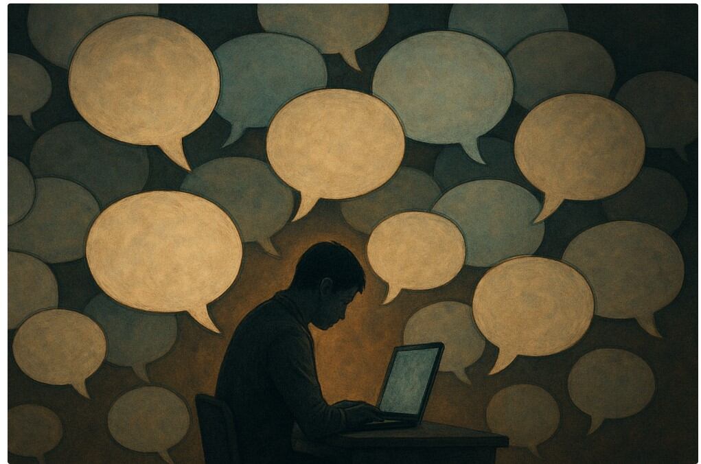 Acoso, bombardeo de mensajes, globos de texto, hombre solo frente a computadora, frente a laptop