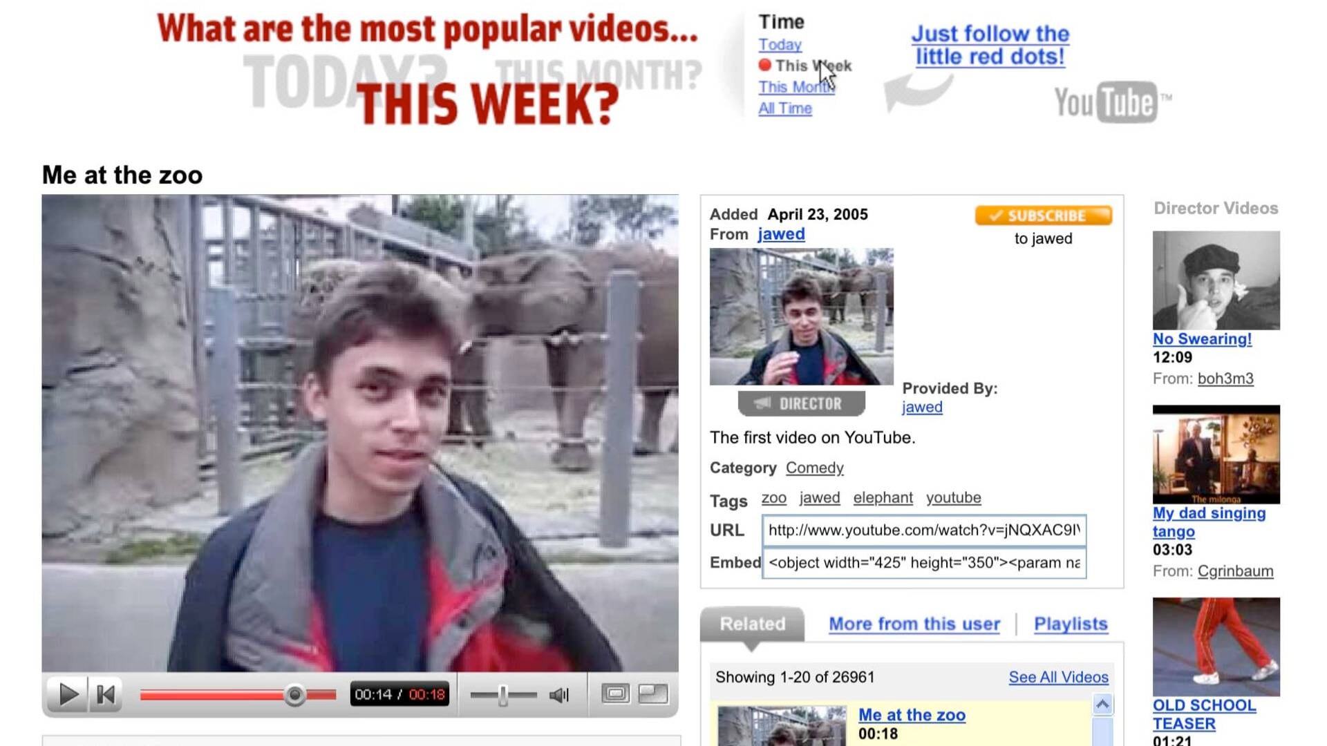 El histórico 'Me at the Zoo' forma parte de una exhibición en Londres que analiza la evolución del diseño web y la economía de creadores.