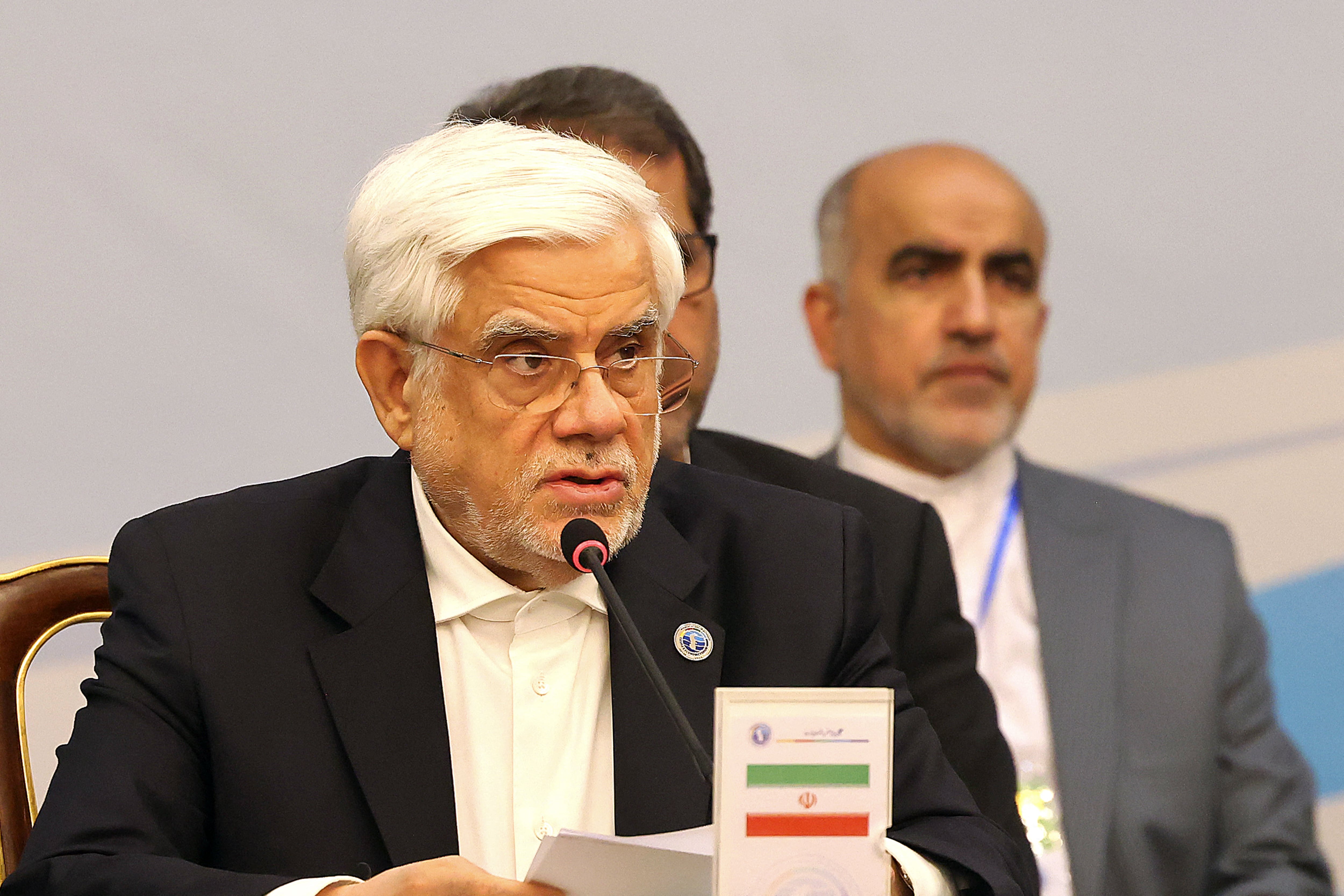 Iran's first vice president Mohammad Reza Aref speaks during the third Caspian Economic Forum in Tehran on February 18, 2025. (Photo by ATTA KENARE / AFP)