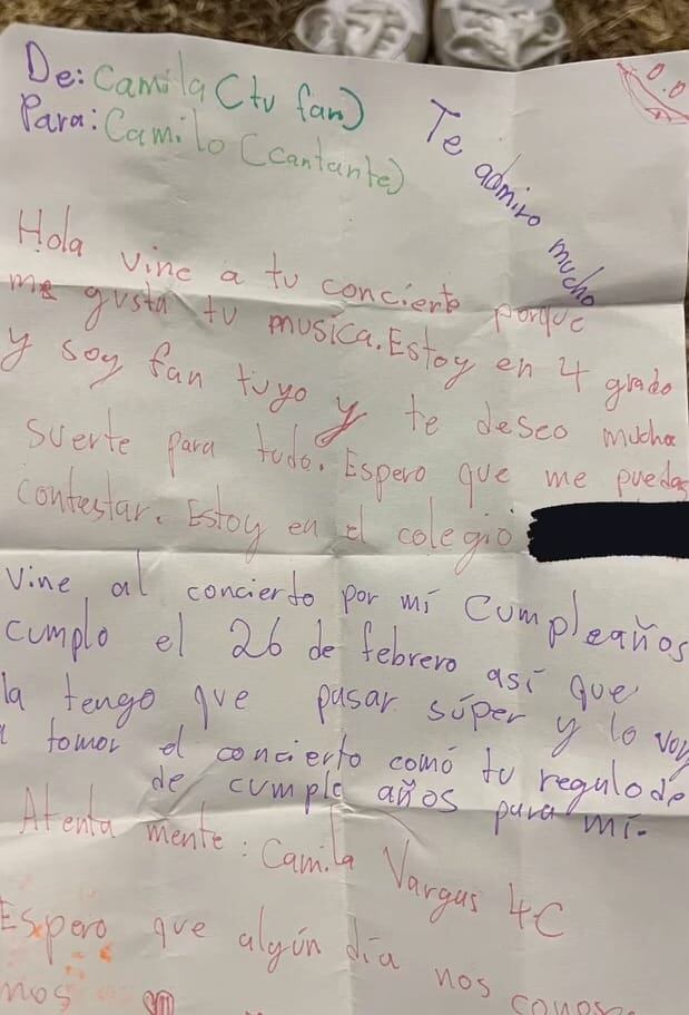 Una carta que escribió una niña para darle a Camilo.