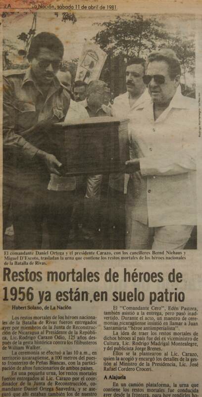 Informaciónpublicada en el periódico La Nación el sábado 11 de abril de 1981 con motivo de la repatriación de los restos de Juan Santamaría.