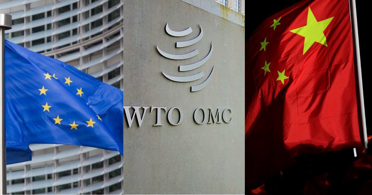 Fotocomposición con la bandera de la Unión Europea, el logo de la Organización Mundial del Comercio y la bandera de China, representando la disputa comercial por patentes entre la UE y China.