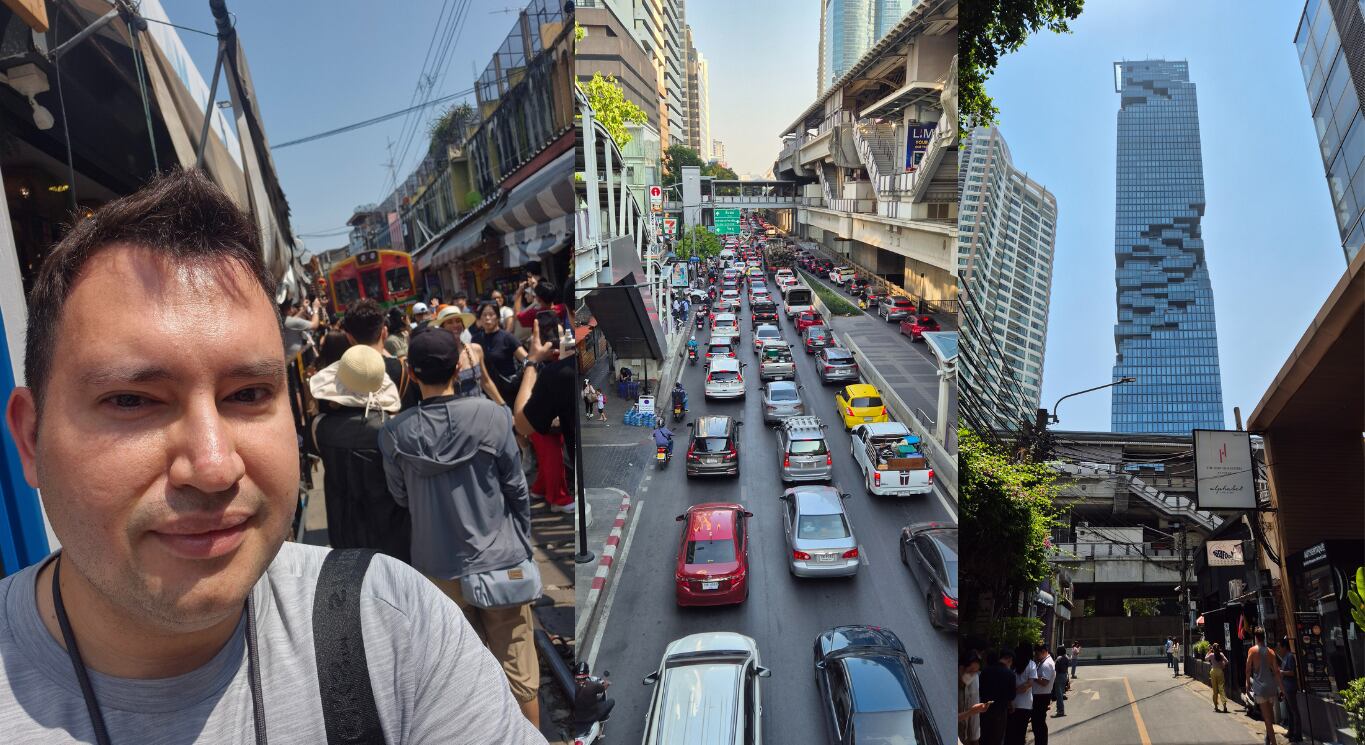 Elías Molina Ocampo en una imagen tomada hace unos días en Tailandia donde anda de vacaciones. A la derecha, parte del caos vial por el terremoto y una vista del rascacielos King Power en Bangkok. Fotografía: