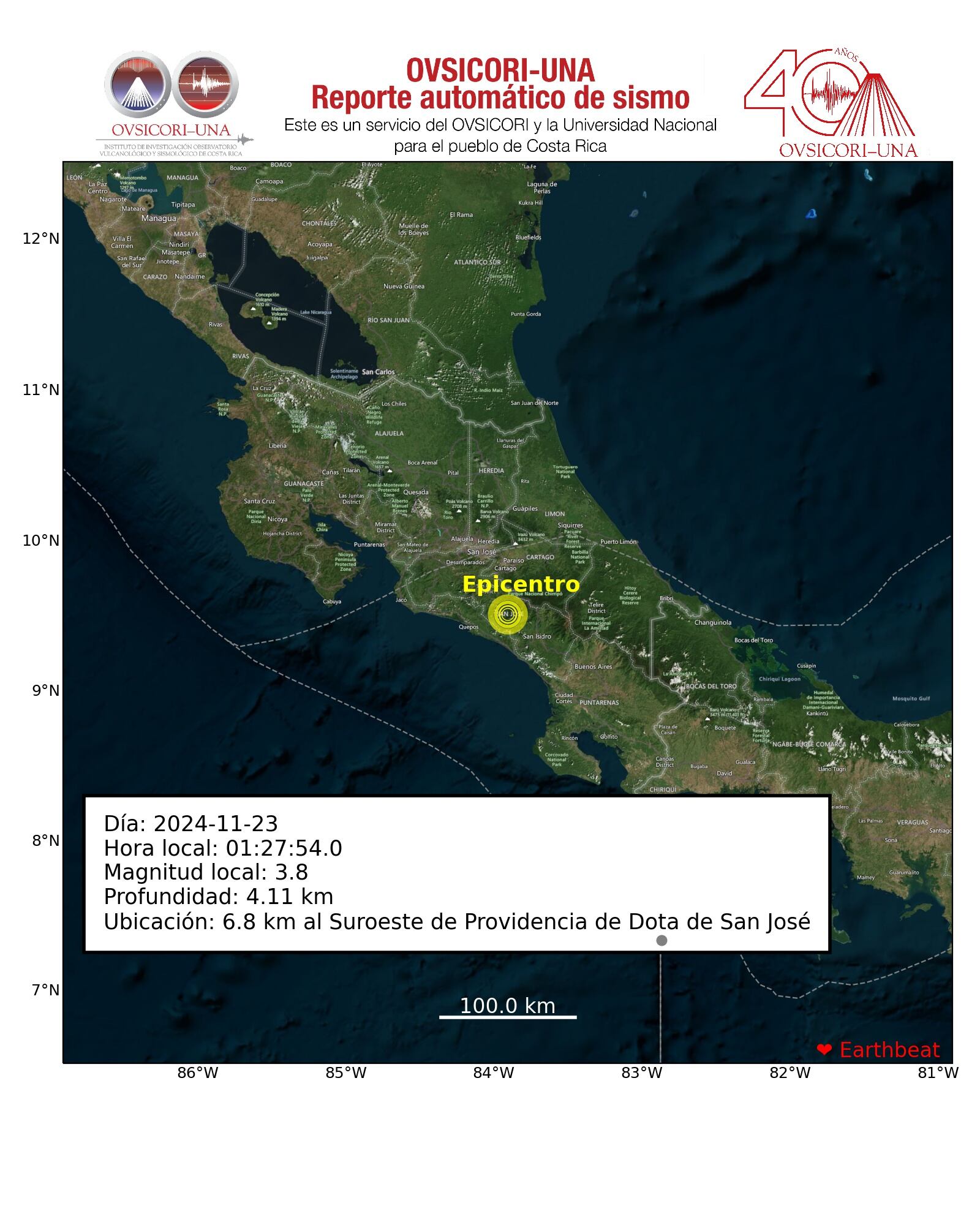 El temblor de magnirud 4,1 se sintió a la 1:27 en Dota, Cartago y Quepos, otros dos con magnitud por encima de 3 también fueron sentidos en la zona epicentral. Imagen: Ovsicori.