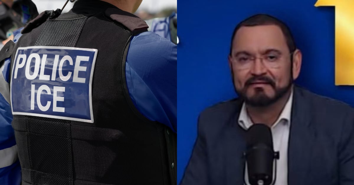 Fotocomposición en Canva de un policía del ICE a espaldas y un hombre de lentes sentado frente a un micrófono