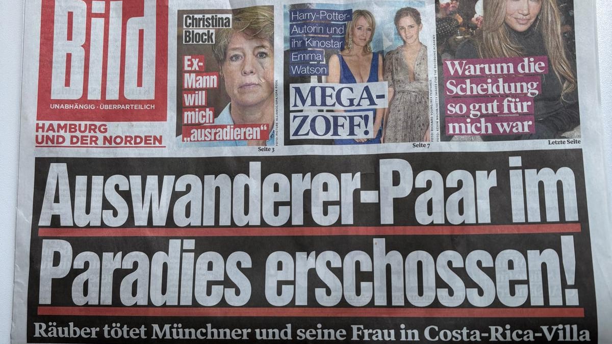 El diario alemán Bild, uno de los más importantes del país, destacó en su página principal el cruel asesinato de una pareja europea en Quepos, Costa Rica.