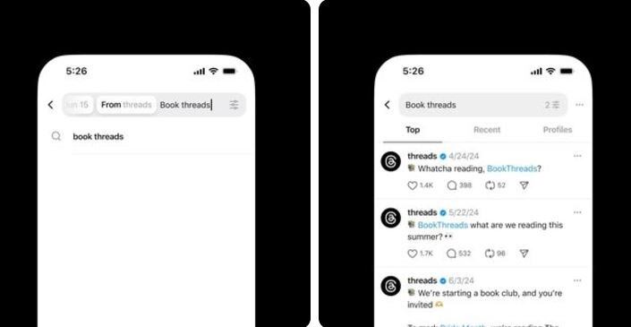 Captura de pantalla de la interfaz de Threads mostrando la nueva barra de búsqueda con filtros avanzados por perfil y fechas.