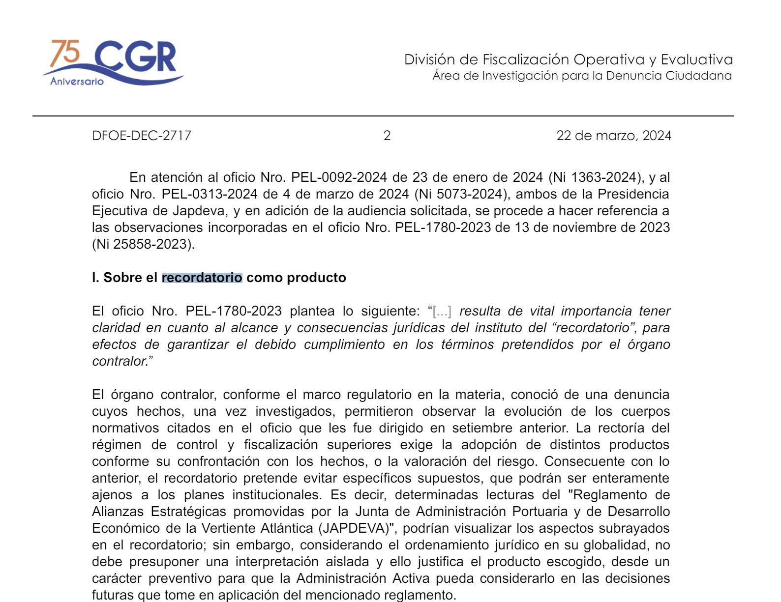 Japdeva recordatorio Contraloria marina terminal de cruceros 22 de marzo 2024